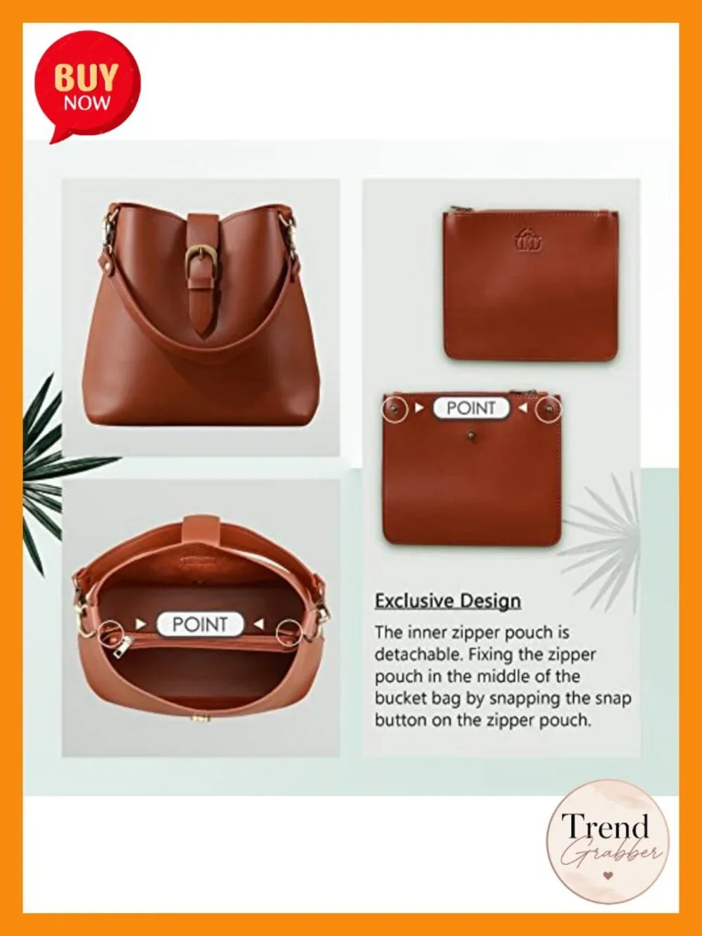 Vegan Leather Bucket Bag Handbag with Removable Pouch Crossbody Adjustable Strap